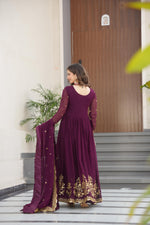 Thumbnail for Evanik Wine Faux Blooming Georgette with Zari Thread & Sequins Embroidery Gown With Dupatta