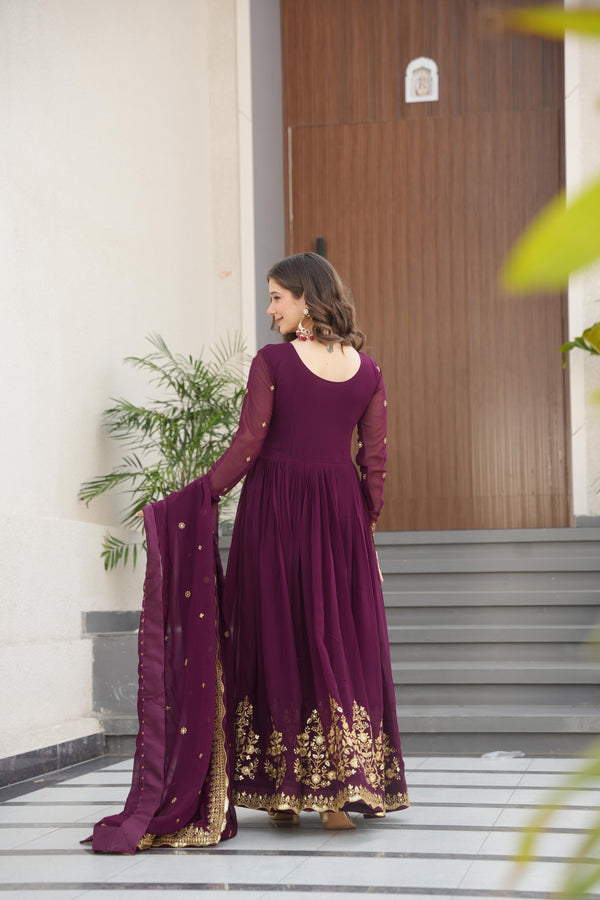 Evanik Wine Faux Blooming Georgette with Zari Thread & Sequins Embroidery Gown With Dupatta
