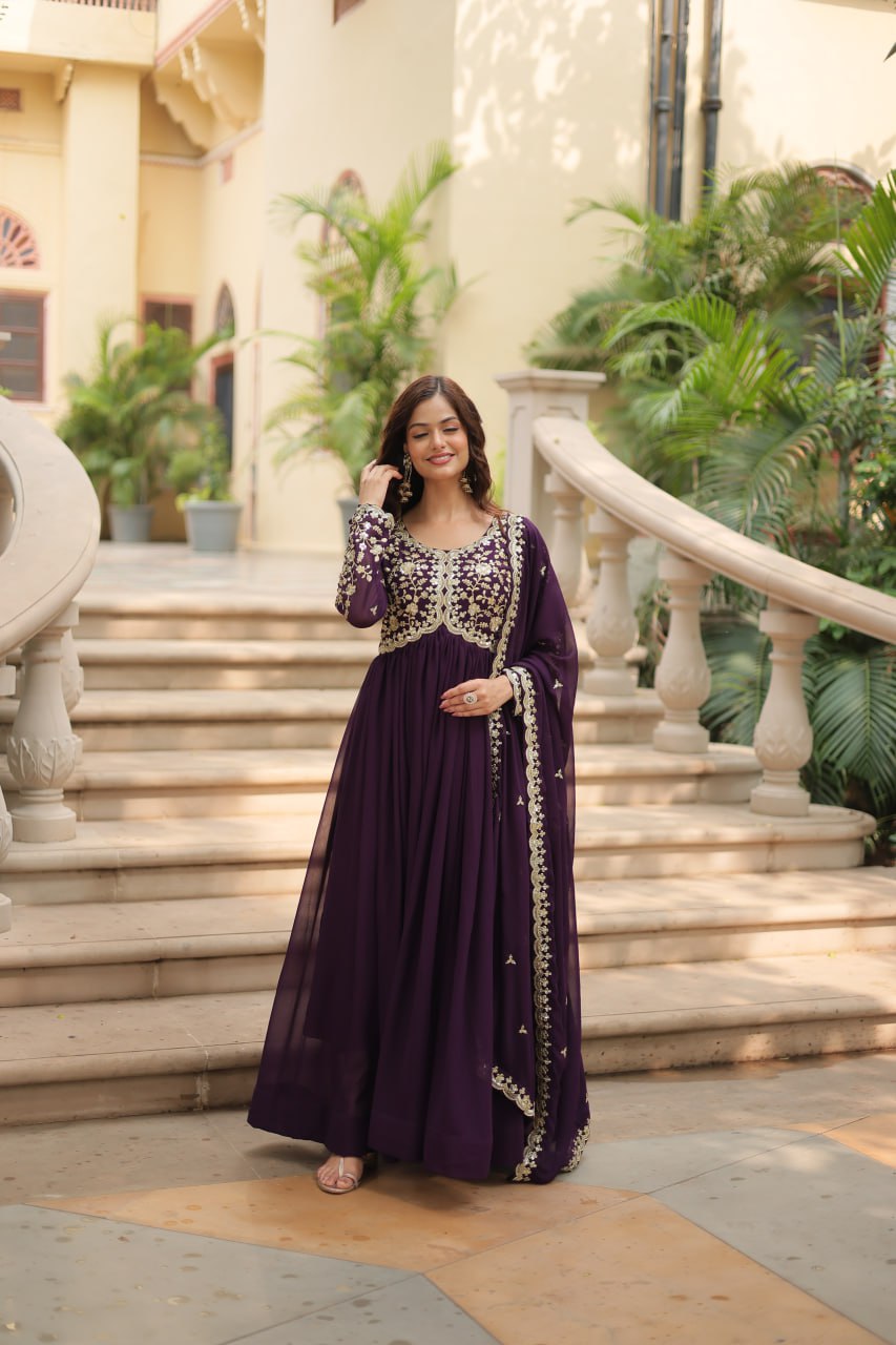 Evanik Wine Faux Blooming Gown With Dupatta With Sequins-Multi & Zari Embroidered Work