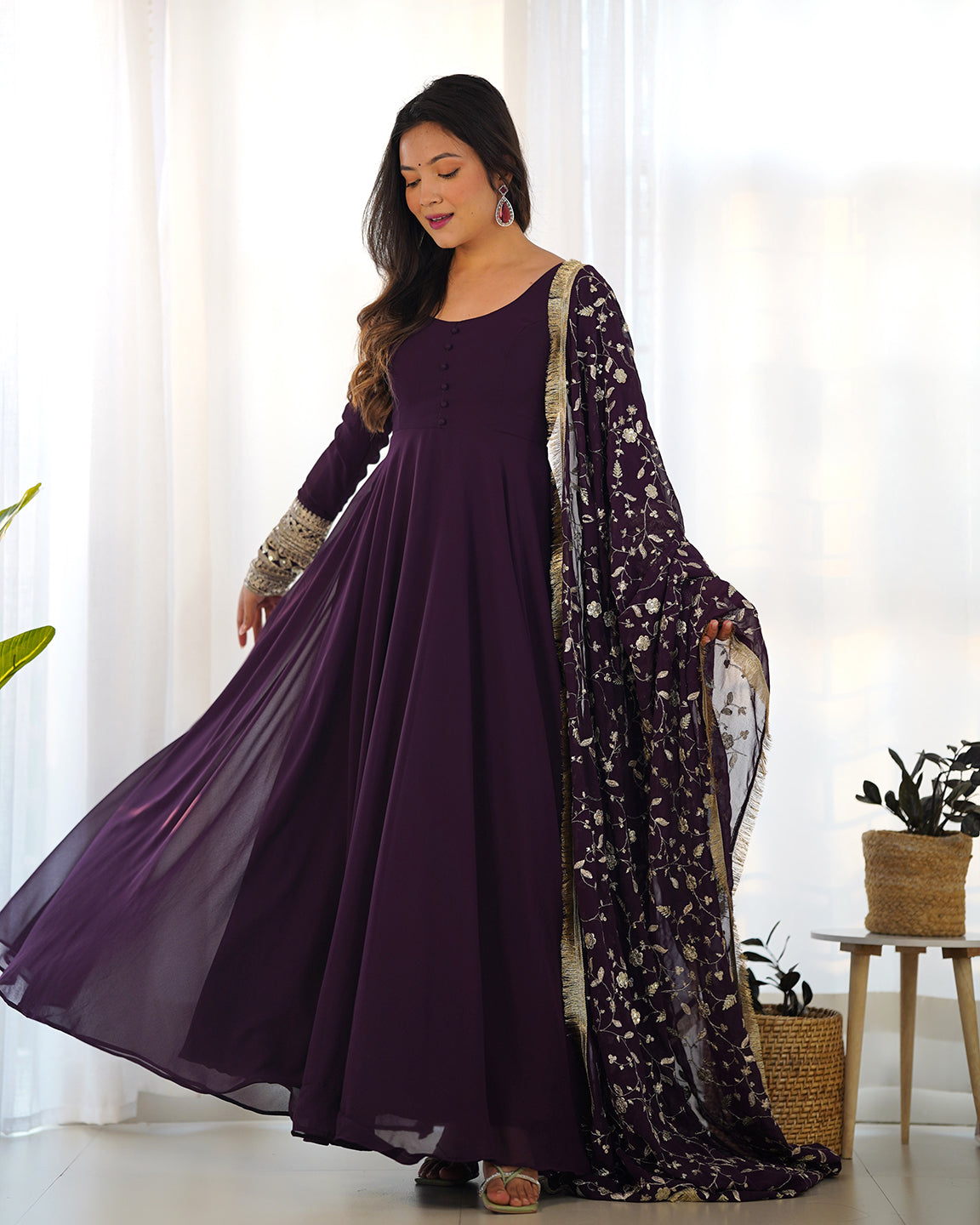 Lorenvalley Fashion Women Georgette Anarkali Gown Duppta Full Set With Pent Ready To Wear - Wine - Distacart