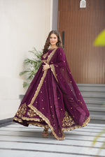Thumbnail for Evanik Wine Faux Blooming Georgette with Zari Thread & Sequins Embroidery Gown With Dupatta