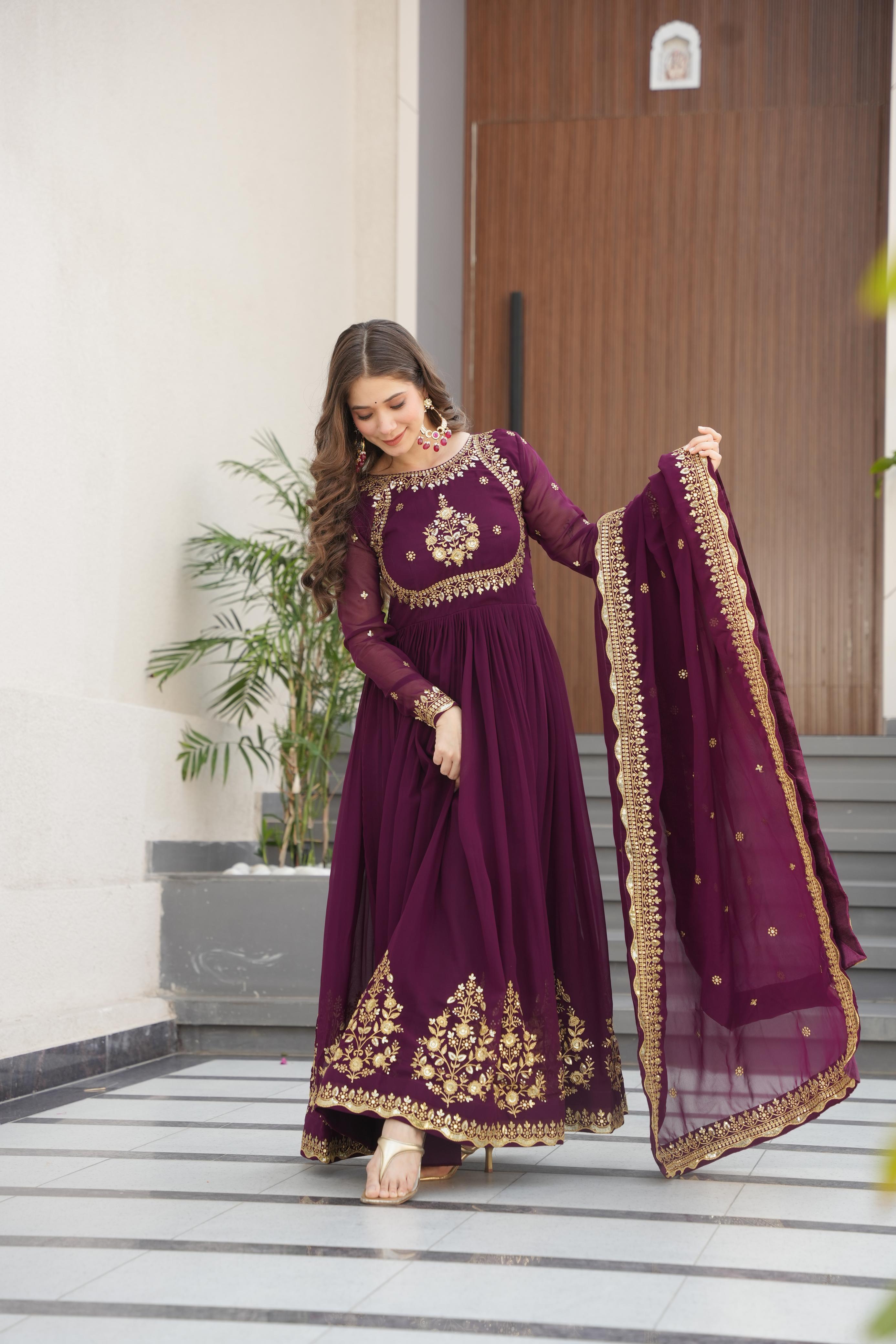 Evanik Wine Faux Blooming Georgette with Zari Thread & Sequins Embroidery Gown With Dupatta