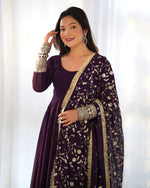 Thumbnail for Lorenvalley Fashion Women Georgette Anarkali Gown Duppta Full Set With Pent Ready To Wear - Wine - Distacart
