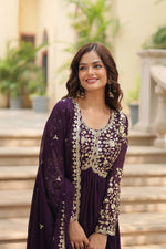 Thumbnail for Evanik Wine Faux Blooming Gown With Dupatta With Sequins-Multi & Zari Embroidered Work