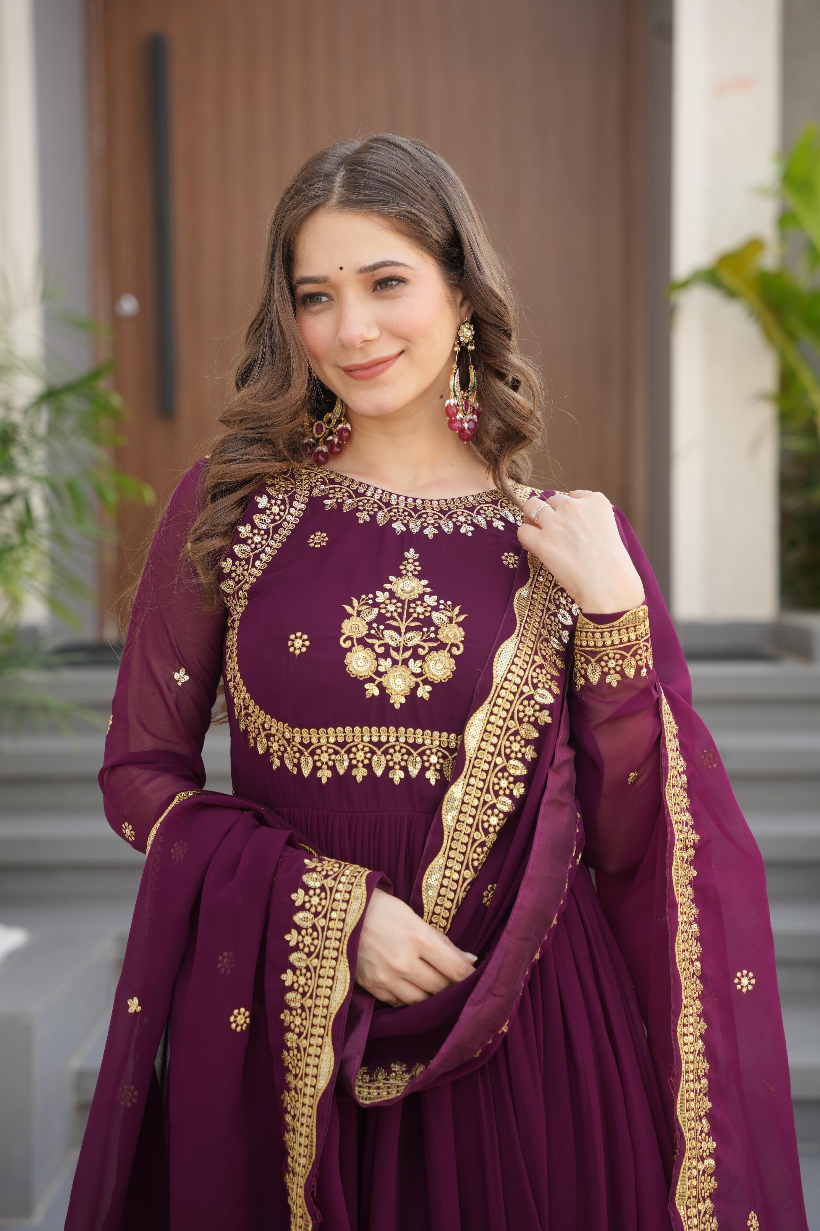 Evanik Wine Faux Blooming Georgette with Zari Thread & Sequins Embroidery Gown With Dupatta