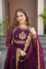Thumbnail for Evanik Wine Faux Blooming Georgette with Zari Thread & Sequins Embroidery Gown With Dupatta
