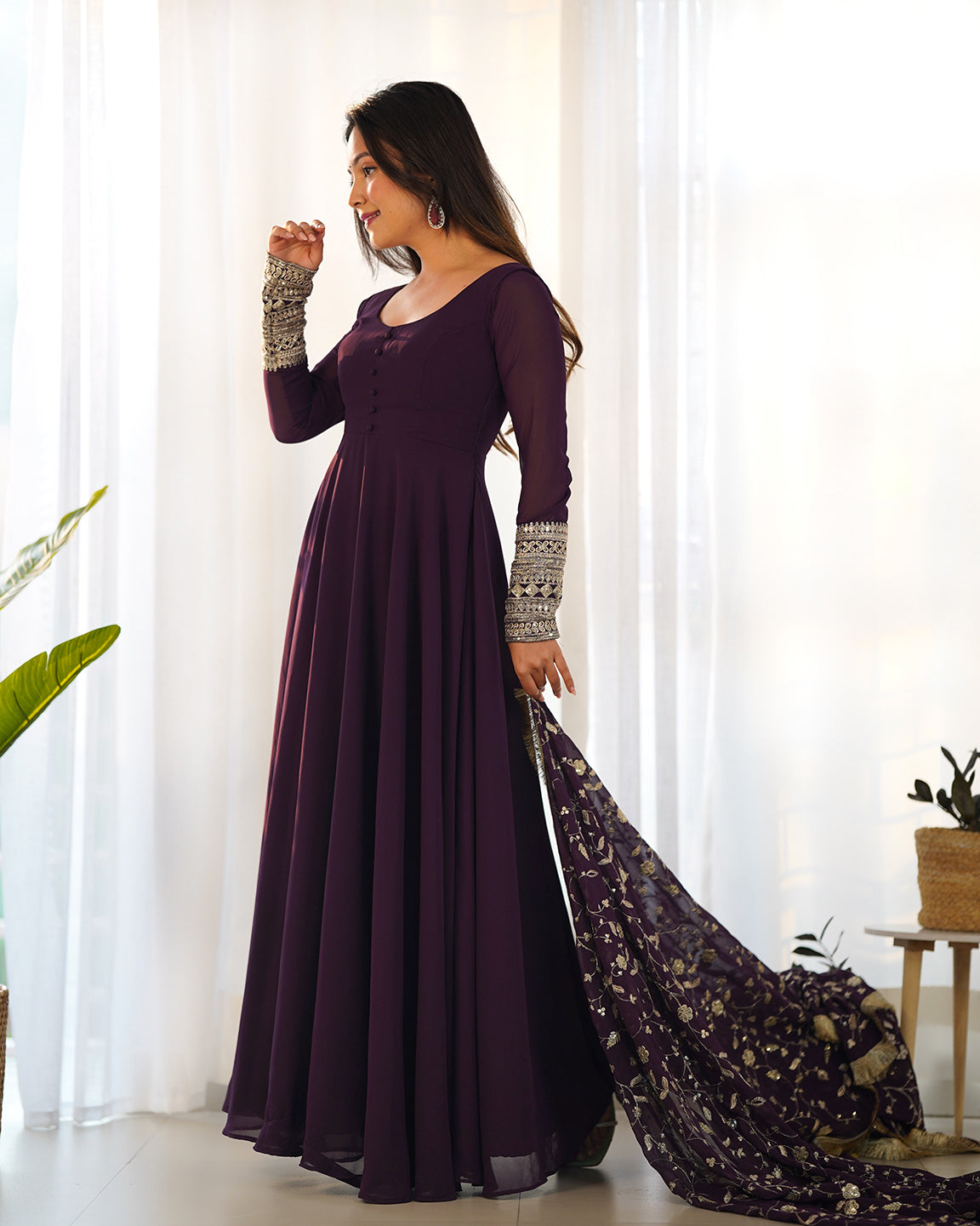 Lorenvalley Fashion Women Georgette Anarkali Gown Duppta Full Set With Pent Ready To Wear - Wine - Distacart