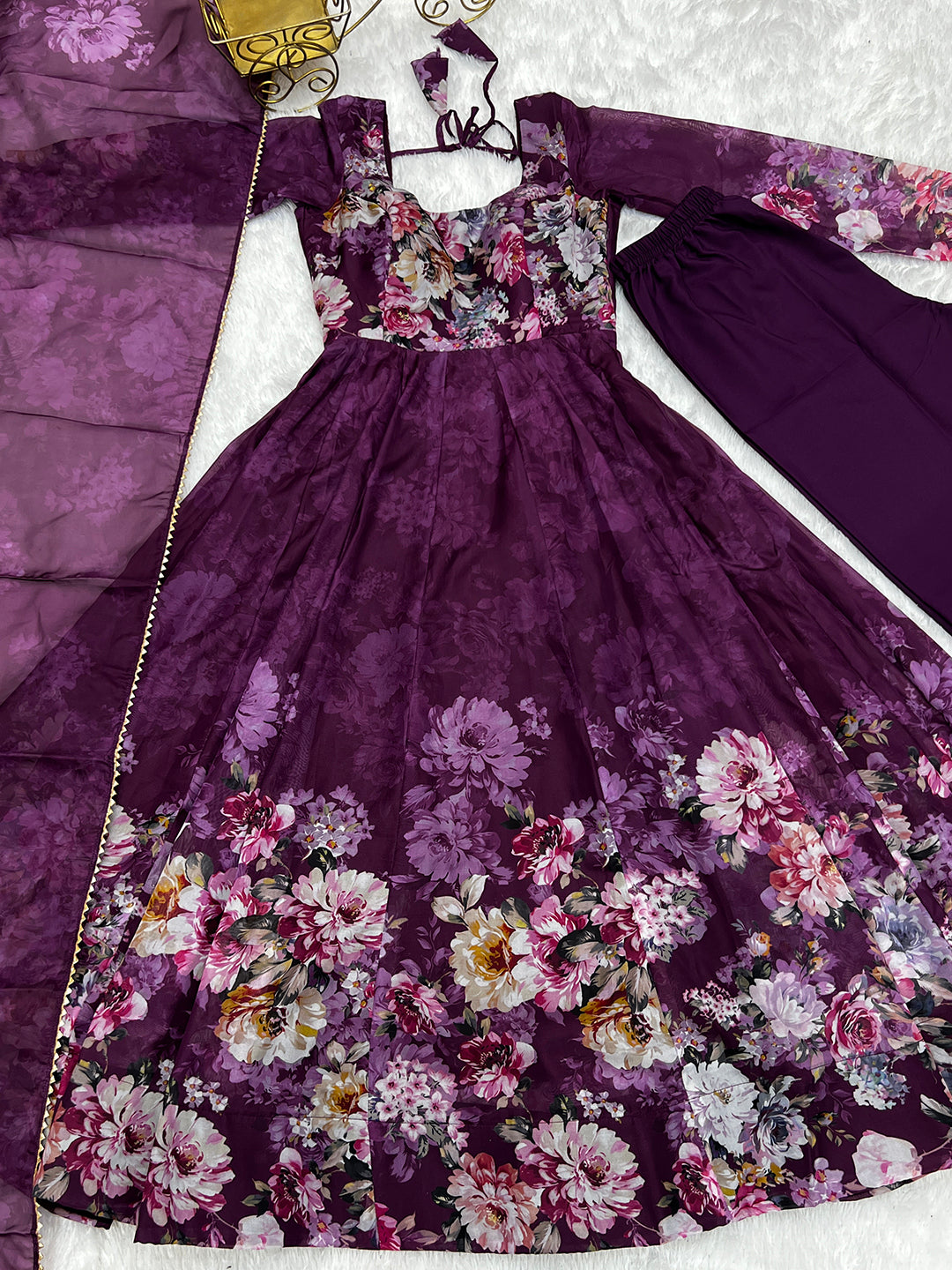 Lorenvalley Fashion Women Pure Soft Organza Silk Floral Print Fully Flair Anarkali With Pent Dupatta Set - Wine - Distacart