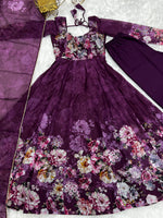Thumbnail for Lorenvalley Fashion Women Pure Soft Organza Silk Floral Print Fully Flair Anarkali With Pent Dupatta Set - Wine - Distacart