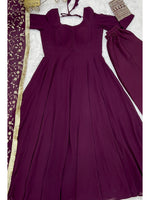 Thumbnail for Lorenvalley Fashion Women Georgette Anarkali Gown Duppta Full Set With Pent Ready To Wear - Wine - Distacart