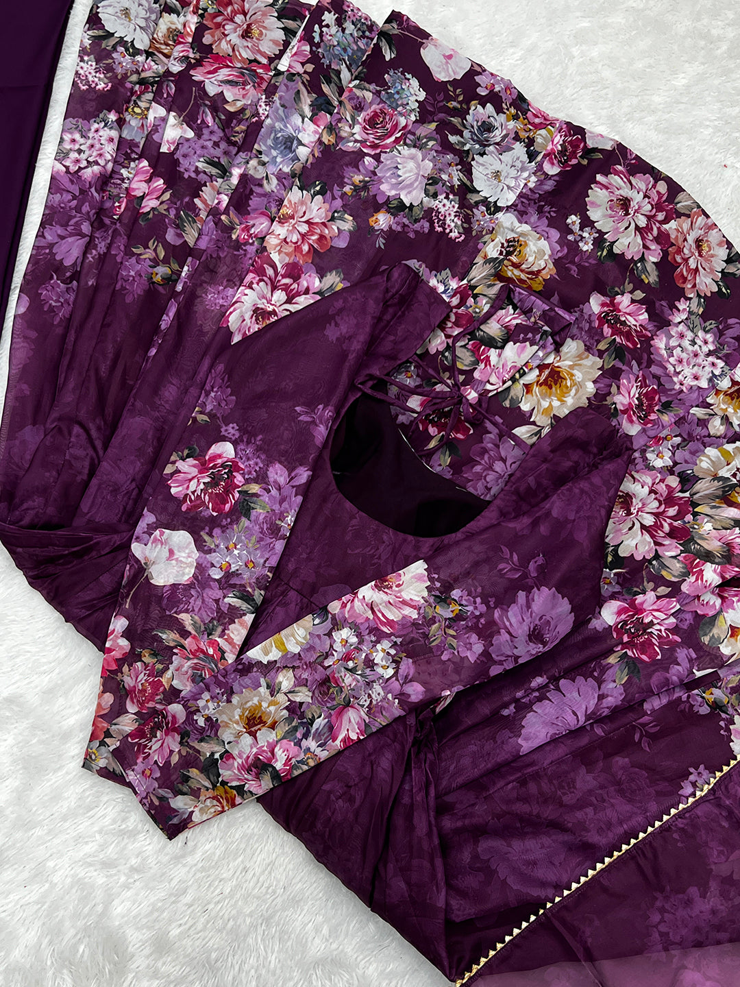 Lorenvalley Fashion Women Pure Soft Organza Silk Floral Print Fully Flair Anarkali With Pent Dupatta Set - Wine - Distacart