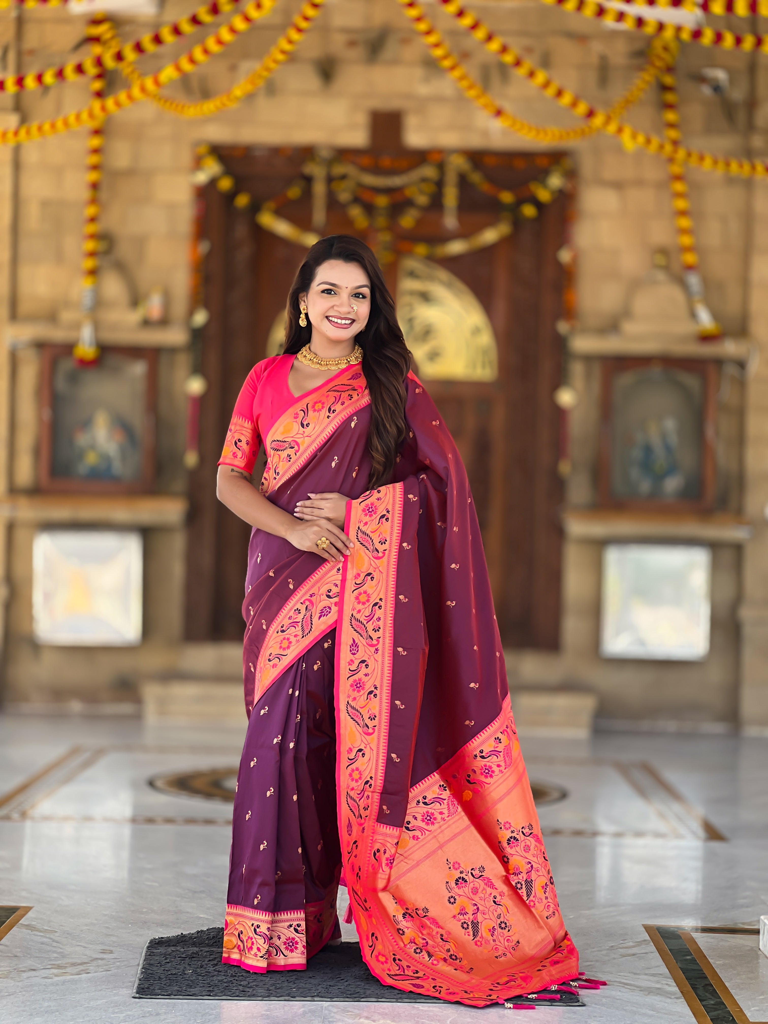 Mameraa Sarees Wine Faux Banarasi Silk Saree With Paithani Rich Weaved Pallu And Blouse-Wine - Dista