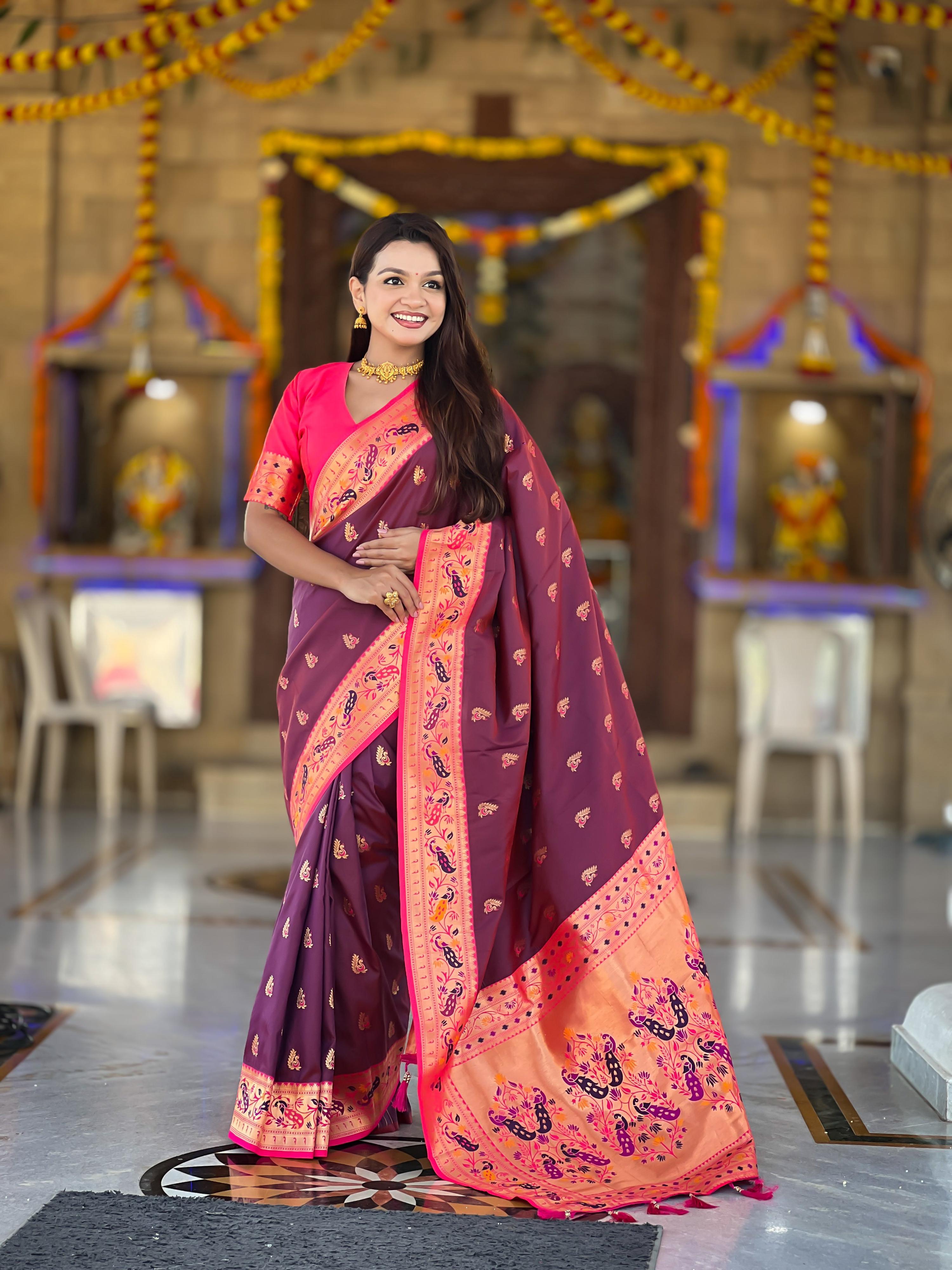 Mameraa Sarees Wine Faux Banarasi Silk Saree With Paithani Rich Weaved Pallu And Blouse-Wine - Dista