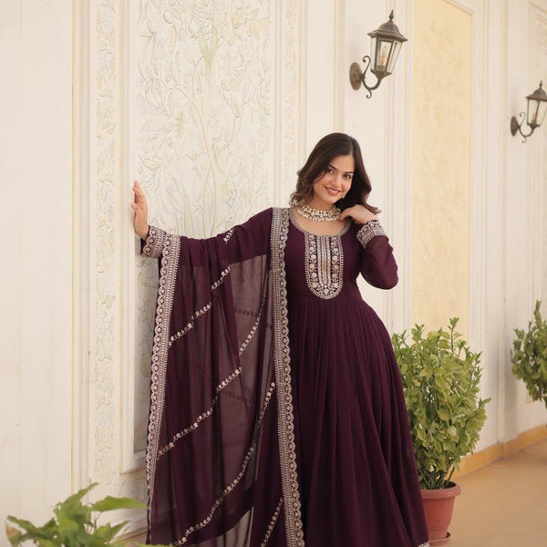 Evanik Wine Faux Blooming Gown with Dupatta With Attractive Embroidered Sequins work
