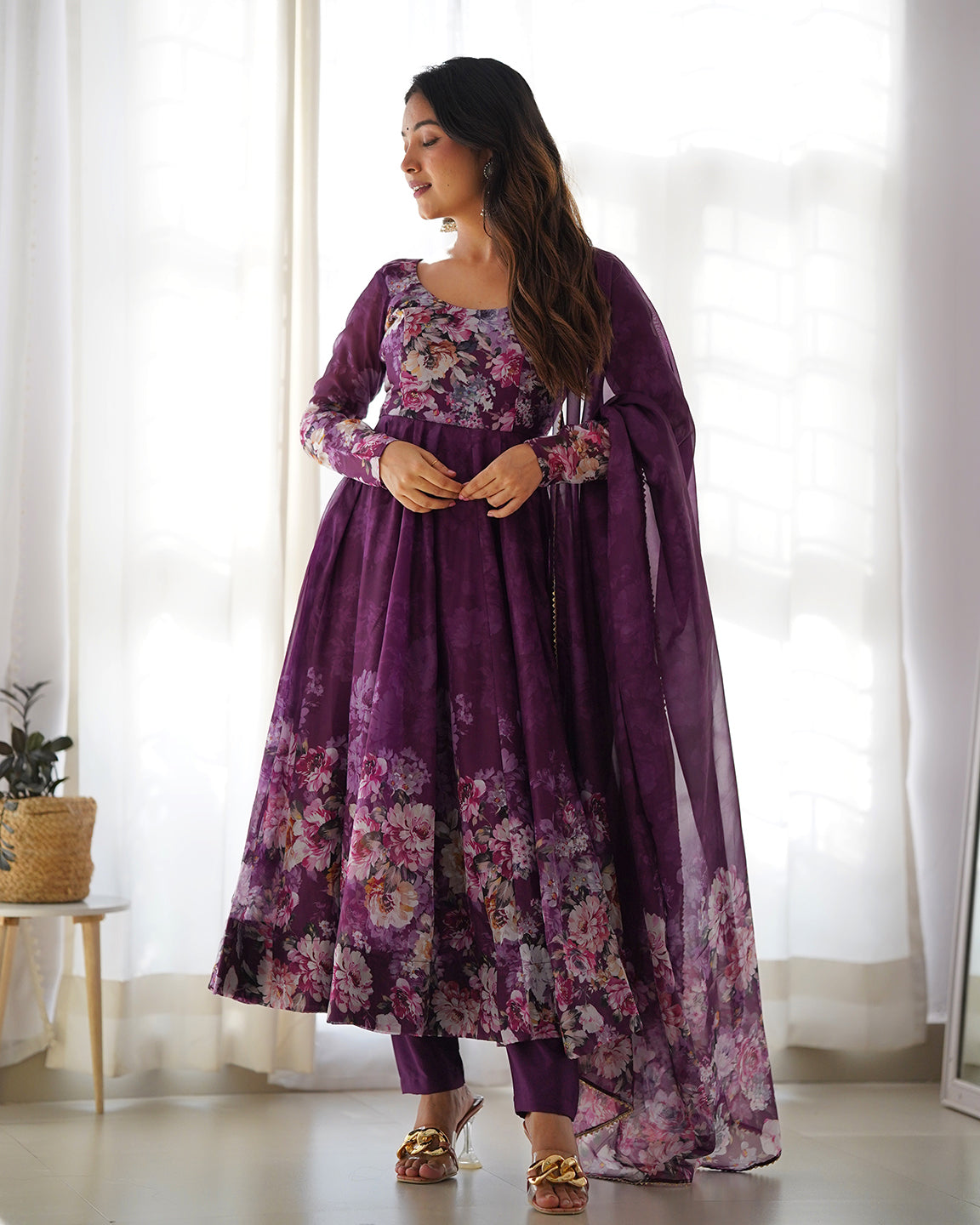 Lorenvalley Fashion Women Pure Soft Organza Silk Floral Print Fully Flair Anarkali With Pent Dupatta Set - Wine - Distacart