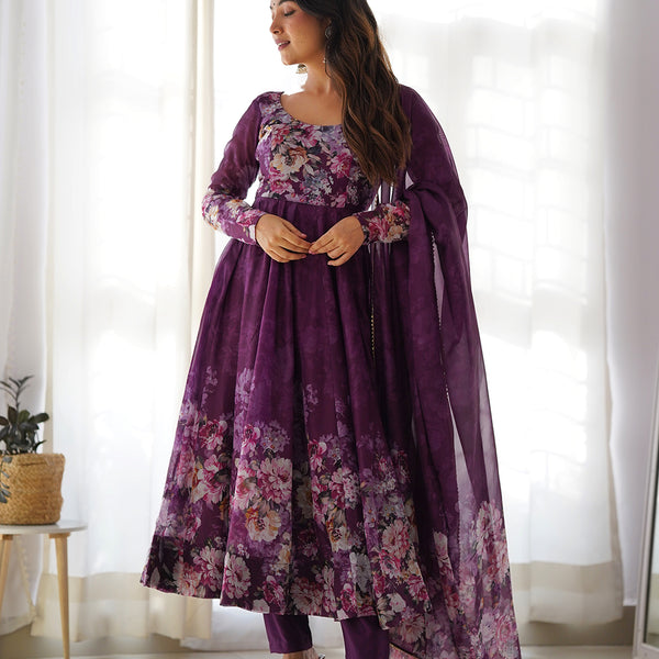Lorenvalley Fashion Women Pure Soft Organza Silk Floral Print Fully Flair Anarkali With Pent Dupatta Set - Wine - Distacart