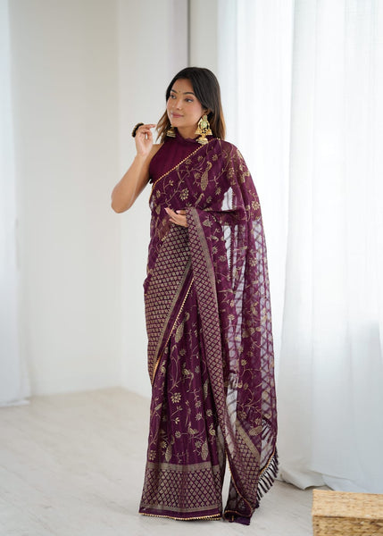 Lorenvalley Fashion Wine Solo Georgette Superb Finishing Foils Print & Fancy Zalar Lace in Border Saree with Blouse