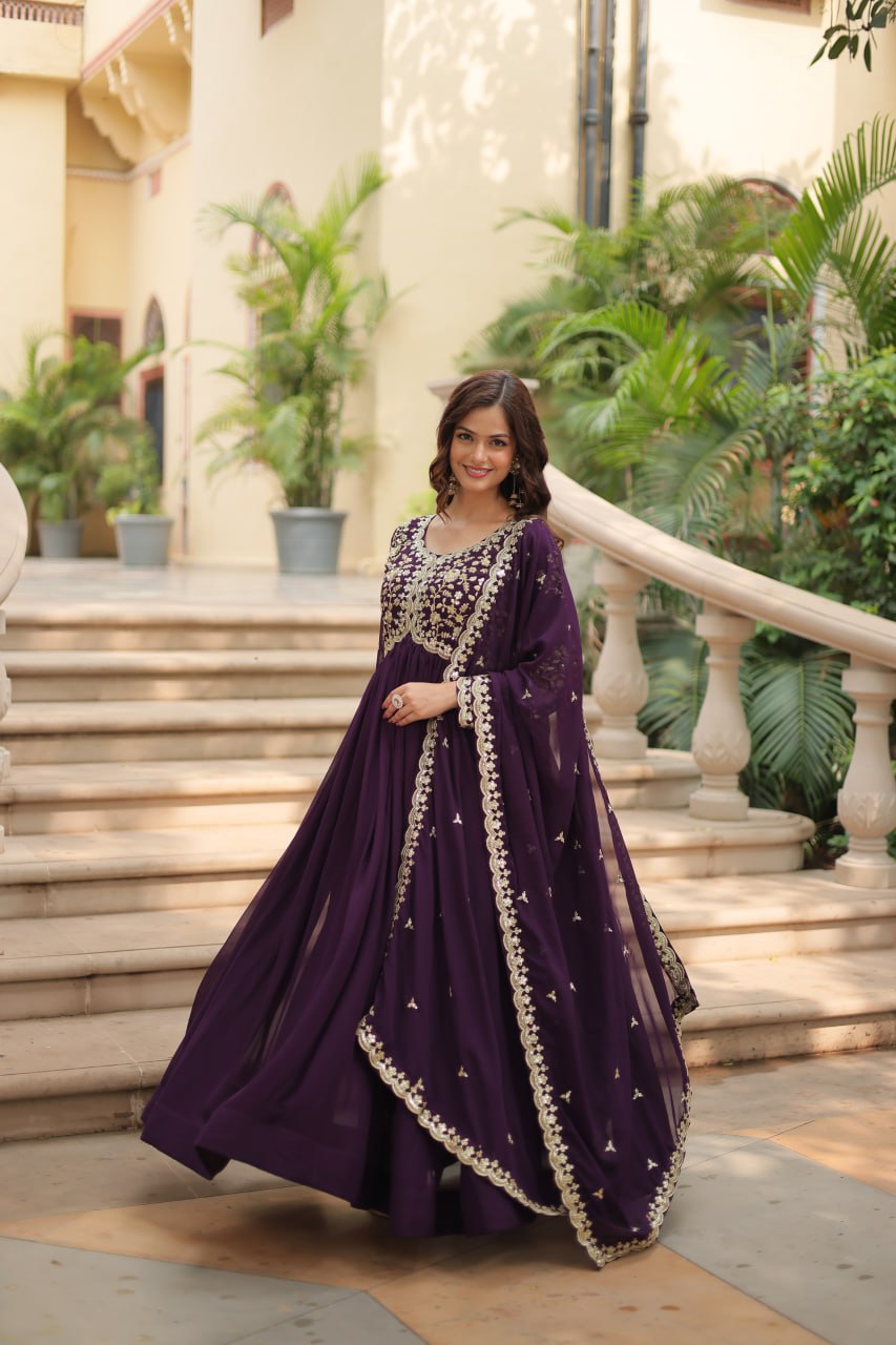 Evanik Wine Faux Blooming Gown With Dupatta With Sequins-Multi & Zari Embroidered Work - Distacart