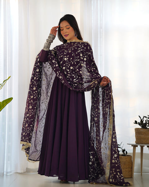 Lorenvalley Fashion Women Georgette Anarkali Gown Duppta Full Set With Pent Ready To Wear - Wine - Distacart