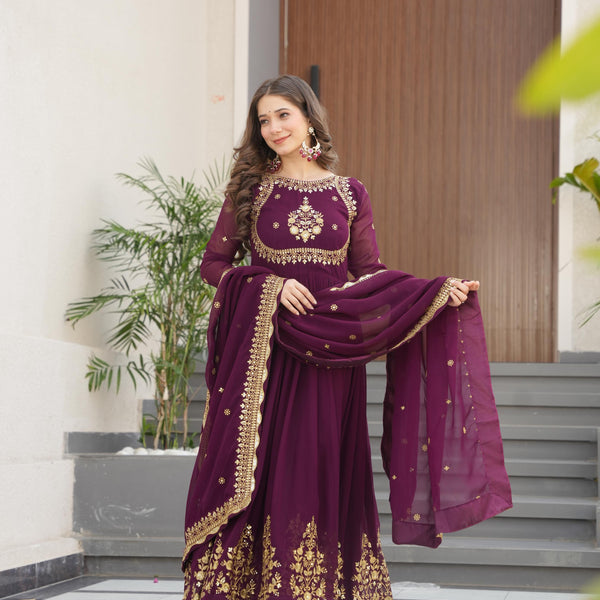 Evanik Wine Faux Blooming Georgette with Zari Thread & Sequins Embroidery Gown With Dupatta