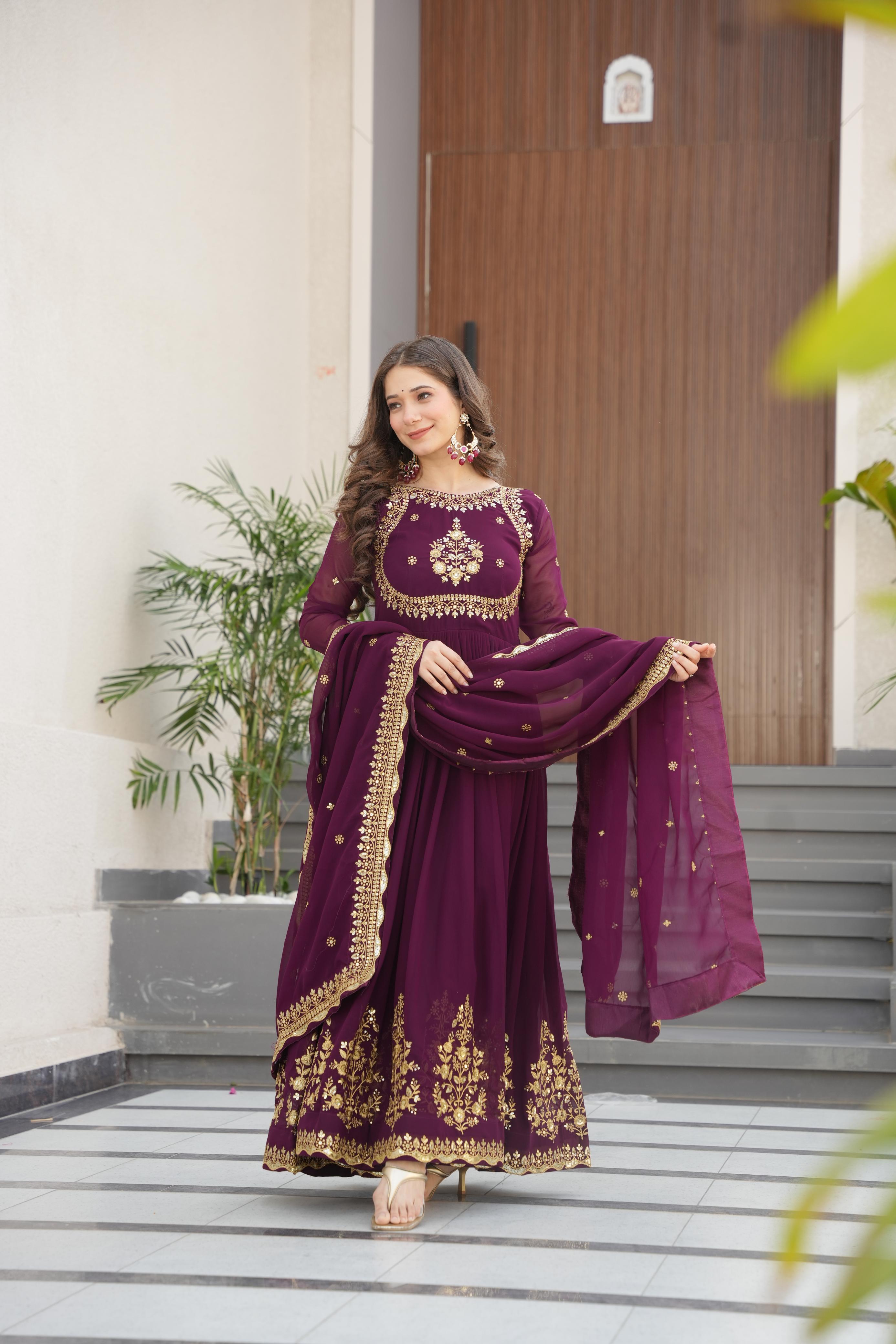 Evanik Wine Faux Blooming Georgette with Zari Thread & Sequins Embroidery Gown With Dupatta - Distacart
