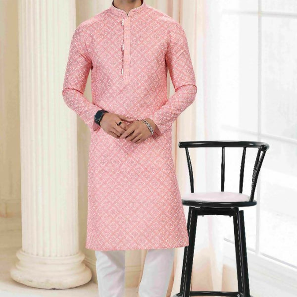 Raivat Ethnic Cotton Thread Work Kurta Pajama In Orange Colour - Dista