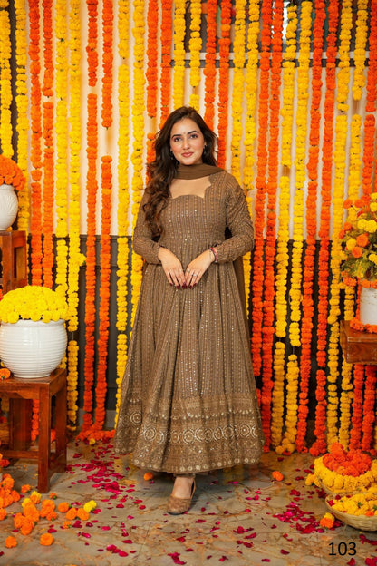 Aayaa Designer Embroidery Zari Sequins Work Faux Blooming Georgette Suit - Brown - Distacart