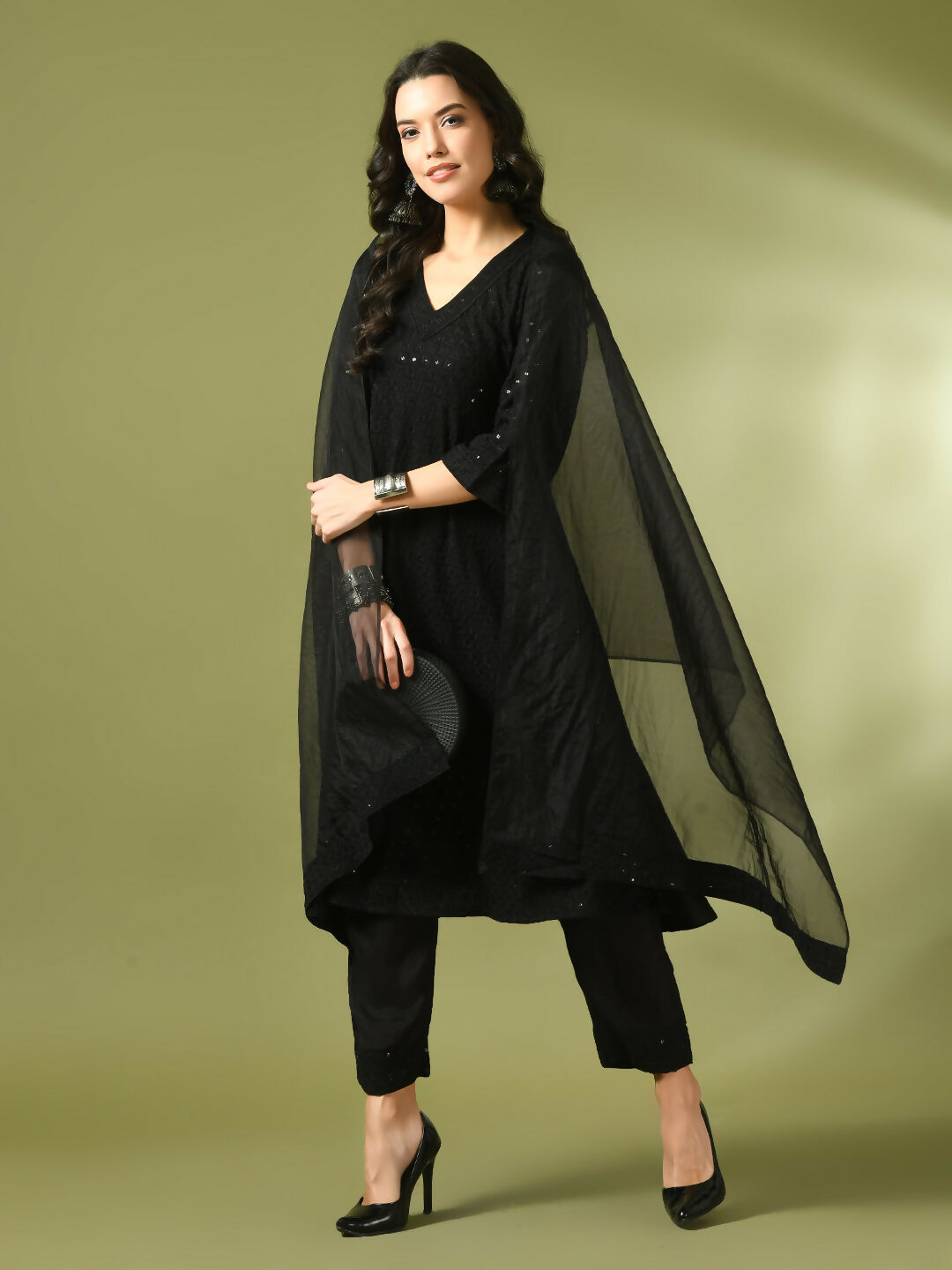 Myshka Women's Black Embroidered Cotton A-Line Party Kurta Set With Dupatta - Distacart