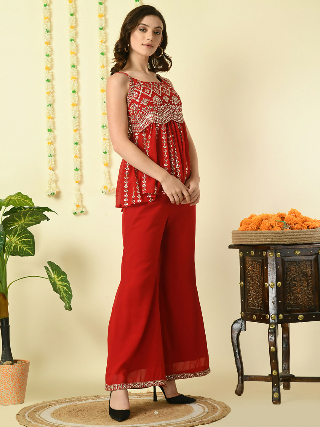 Myshka Women's Red Georgette Top With Palazzos Party Sets - Distacart