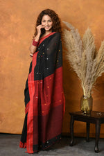 Thumbnail for Very Much Indian Pure Cotton Handloom Saree with Buttis & Sleek Border - Black - Distacart