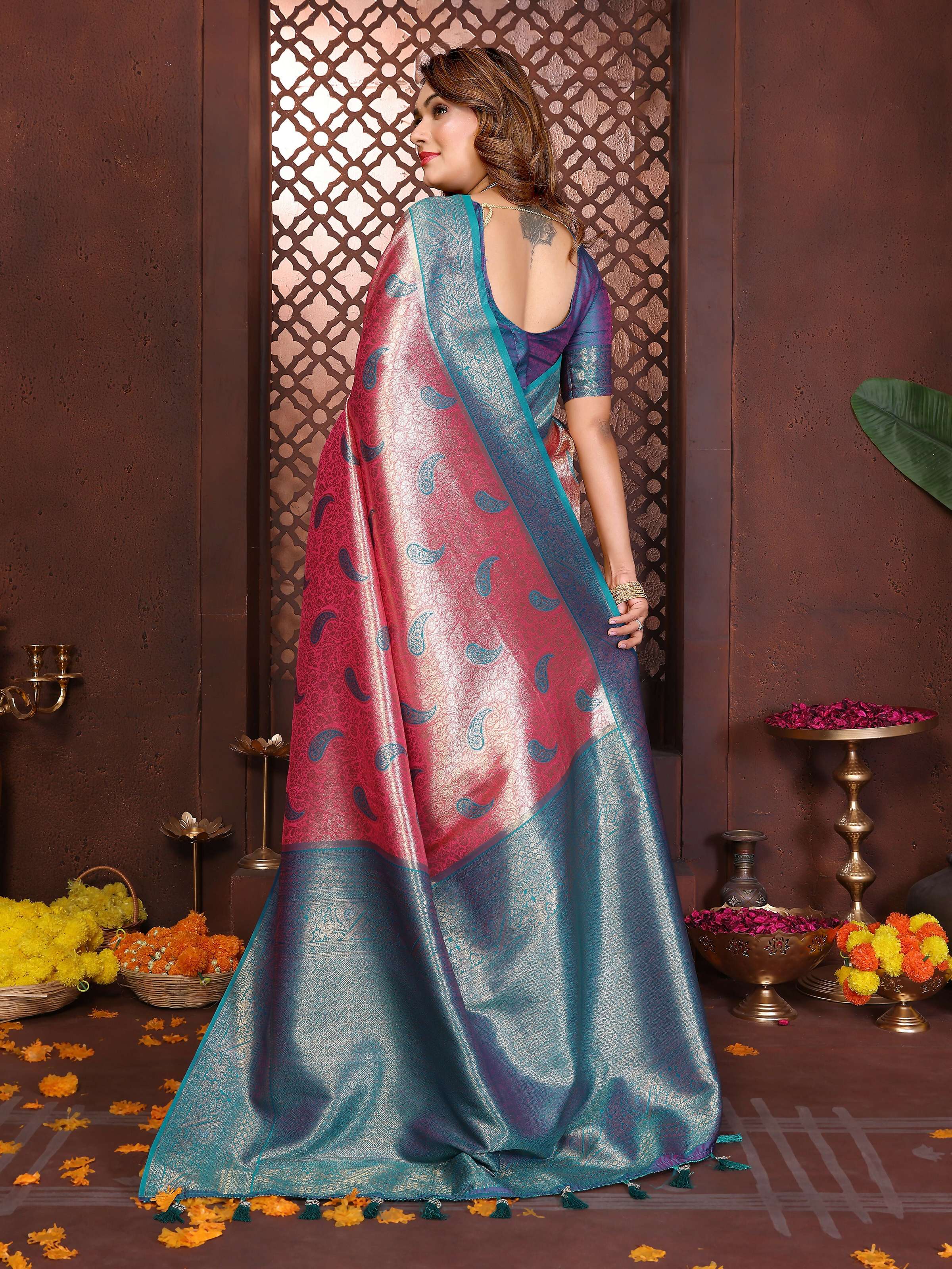 Aastha Fashion Magenta Tissue Silk Weaving Saree - Distacart