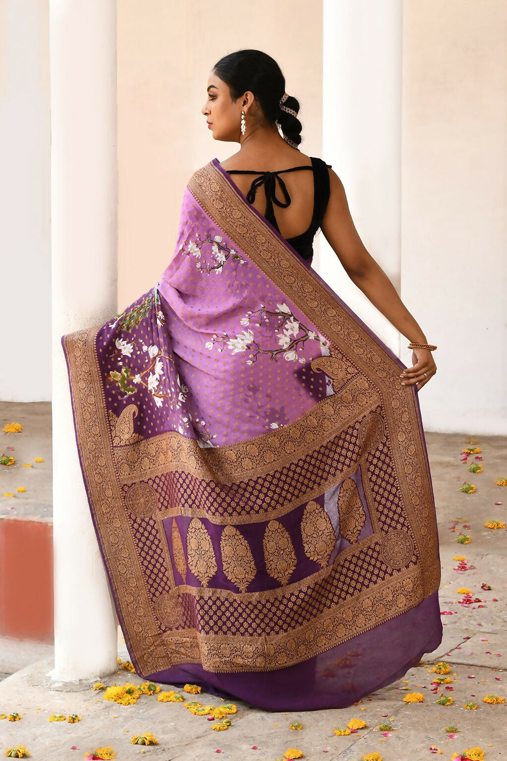 Joban Fashion Plum Purple Crepe Chiffon Pure Handloom Banarasi Silk Saree