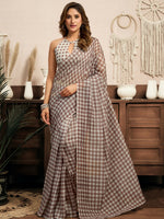 Thumbnail for Joban Fashion Beige Checked Linen Ready To Wear Saree With Unstitched Blouse - Distacart