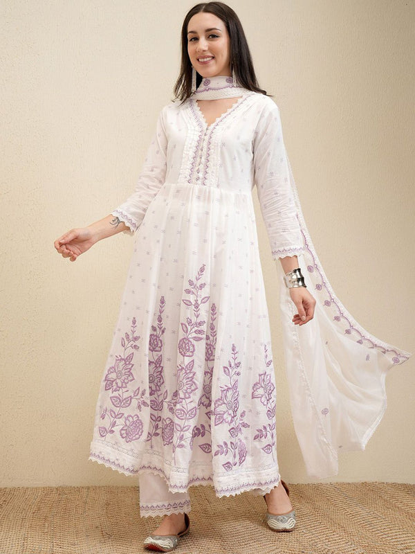 Vishudh White Embroidered Pure Cotton Anarkali Panelled Kurta With Trousers & Dupatta