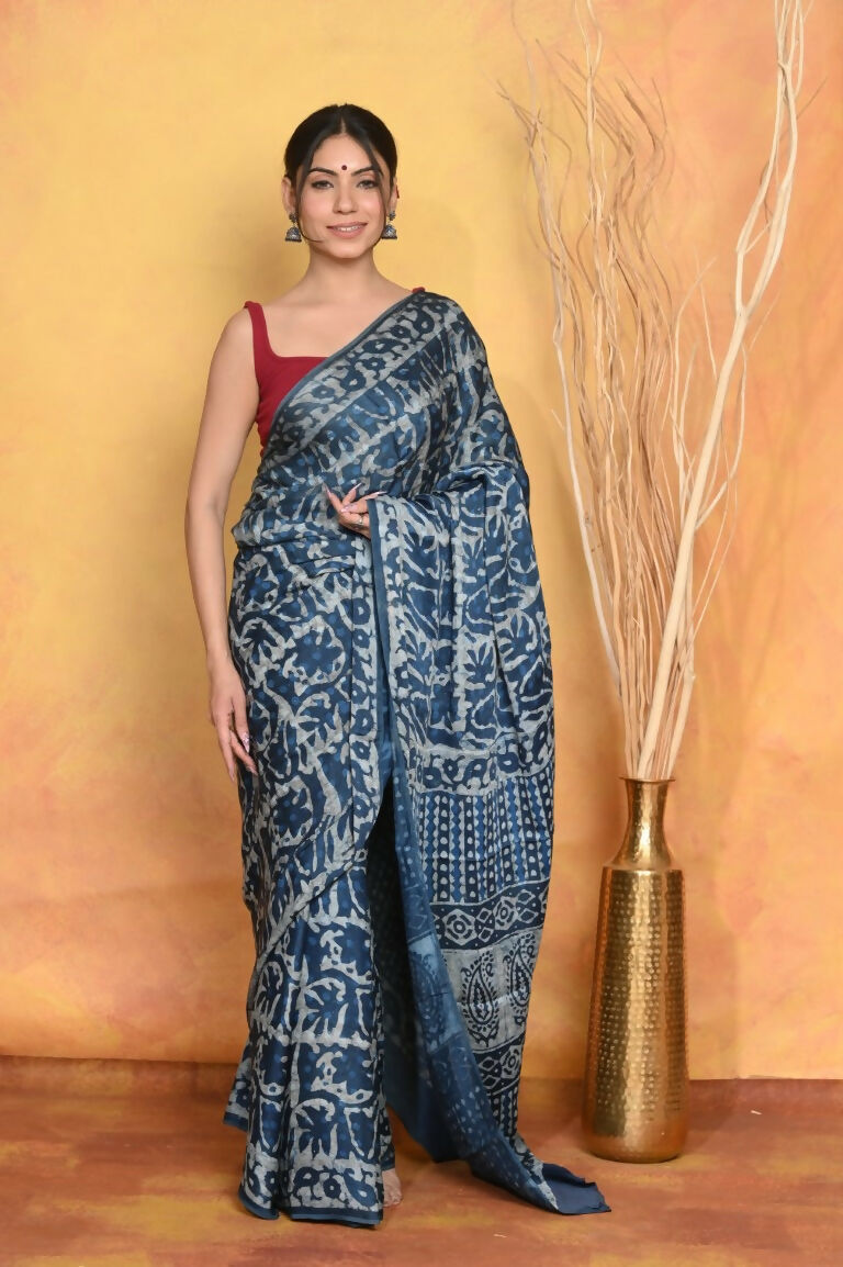 Very Much Indian Modal Silk Ajrakh Handblock Printed Natural Dyes Sleek Border Saree - Powder Blue - Distacart