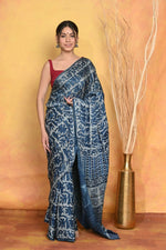Thumbnail for Very Much Indian Modal Silk Ajrakh Handblock Printed Natural Dyes Sleek Border Saree - Powder Blue - Distacart