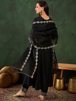 Thumbnail for Sangria Black Floral Embroidered Round Neck Zari A-Line Kurta With Trouser & Dupatta