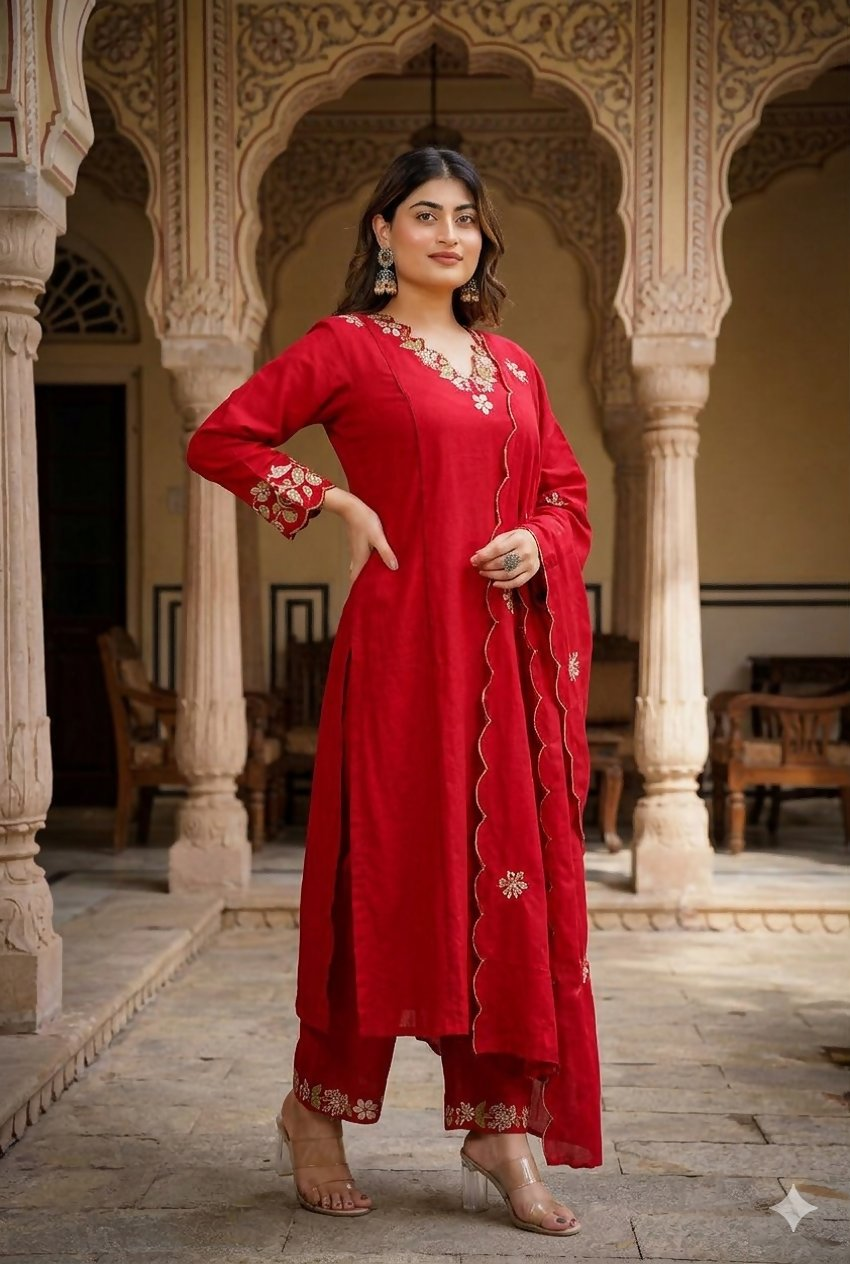Teeya Creation Designer Red Ethnic Suit Set With Floral Hand-Embroidered Borders Dupatta - Dista