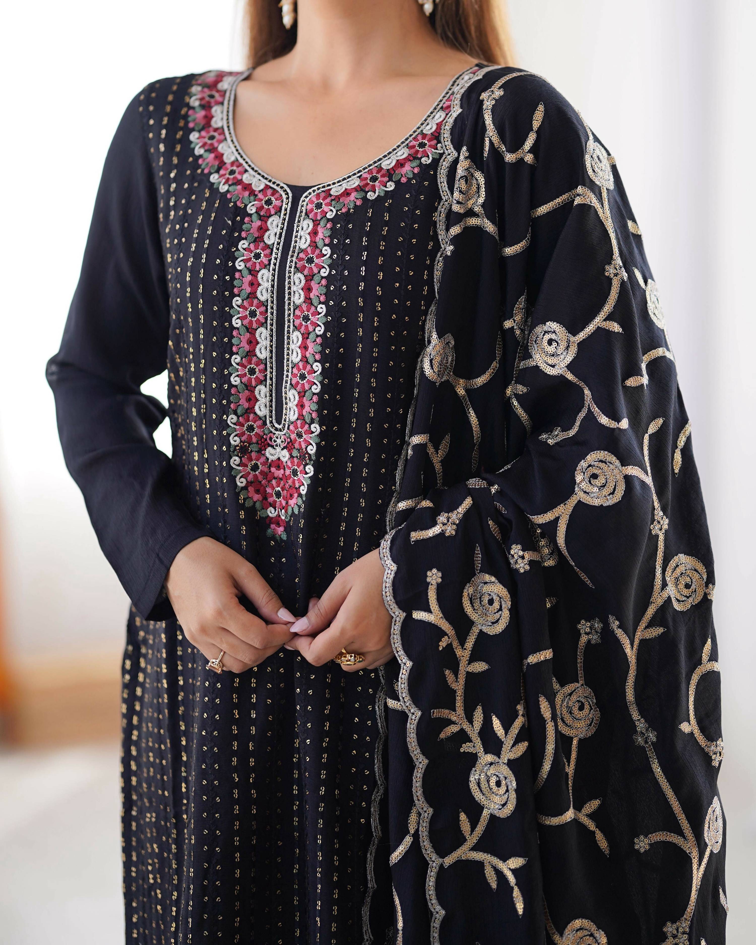 Joban Fashion Black Kurta set with Pant Chinon silk Thread with Sequins work