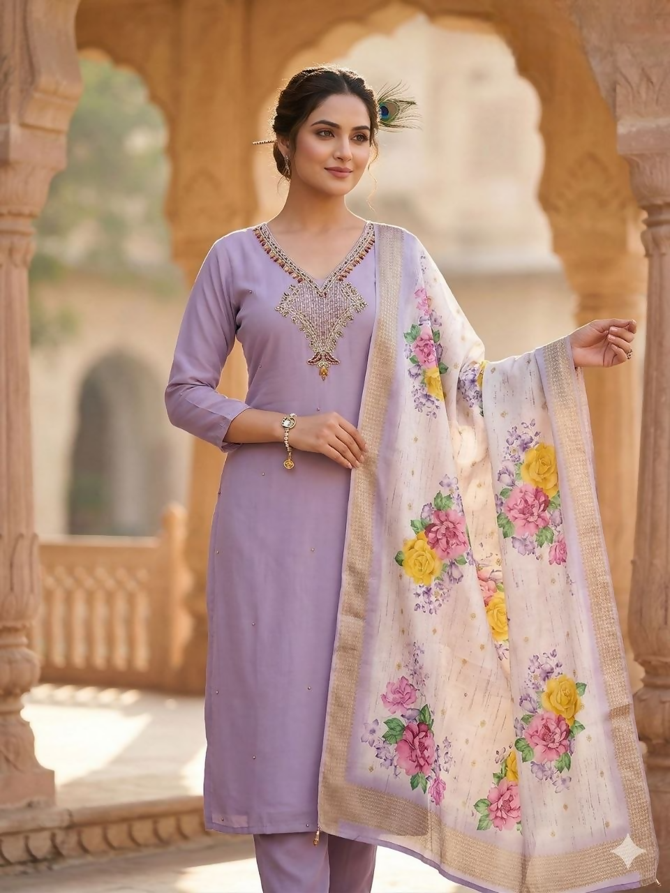 Teeya Creation Womens New Fancy Premium Mul Chanderi Kurta Set - Lavender - Dista