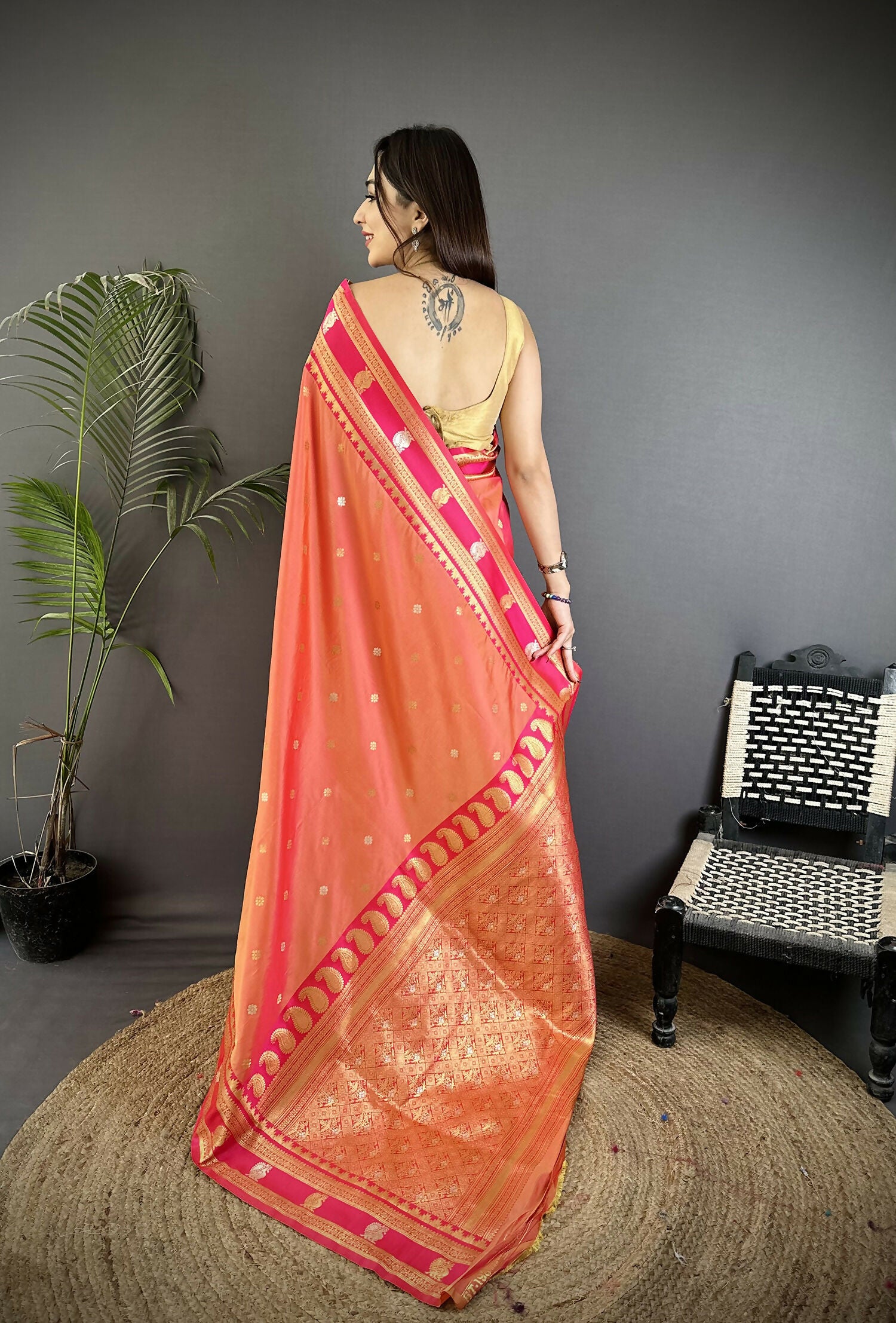 Joban Fashion Peach Banarasi Soft Silk Woven Saree