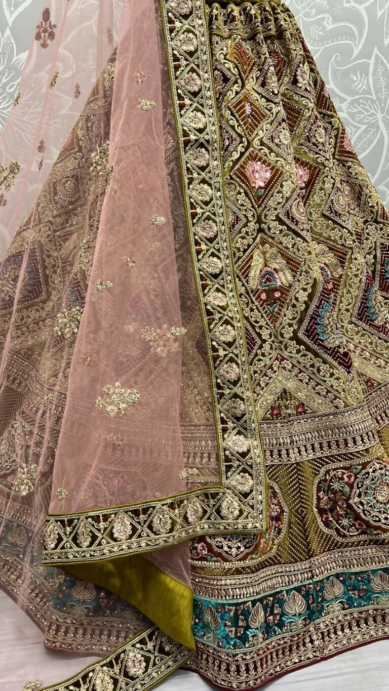 Jyoti Fashion Women's Mehendi Velvet Dori, Multi Thread Embroidered with Zircon Diamond Work Wedding Lehenga Choli - Distacart