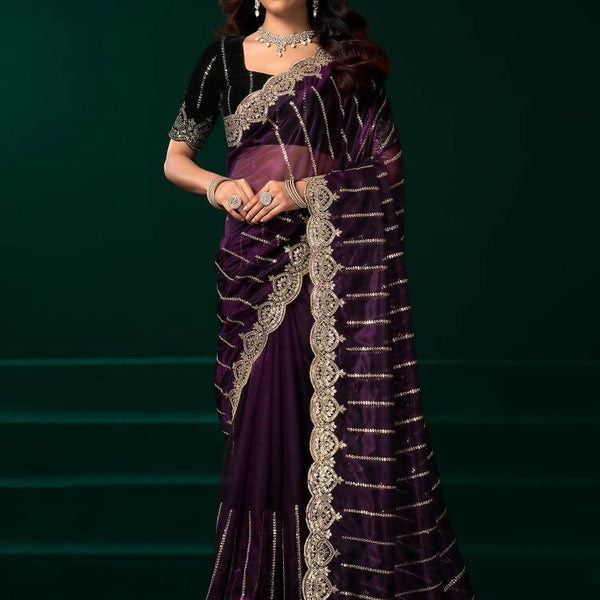Joban Fashion Wine Net Party Wear Sarees - Distacart