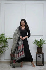 Thumbnail for The52 Black Women's Gorgeous Parampara Fabric Embroidered Work Straight Kurta Palazzo and Dupatta Set - Distacart