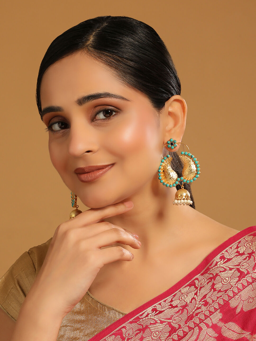 Nuyug 22K Gold Plated Turquoise Stone Studded Contemporary Mini Jhumki Dangler Earrings