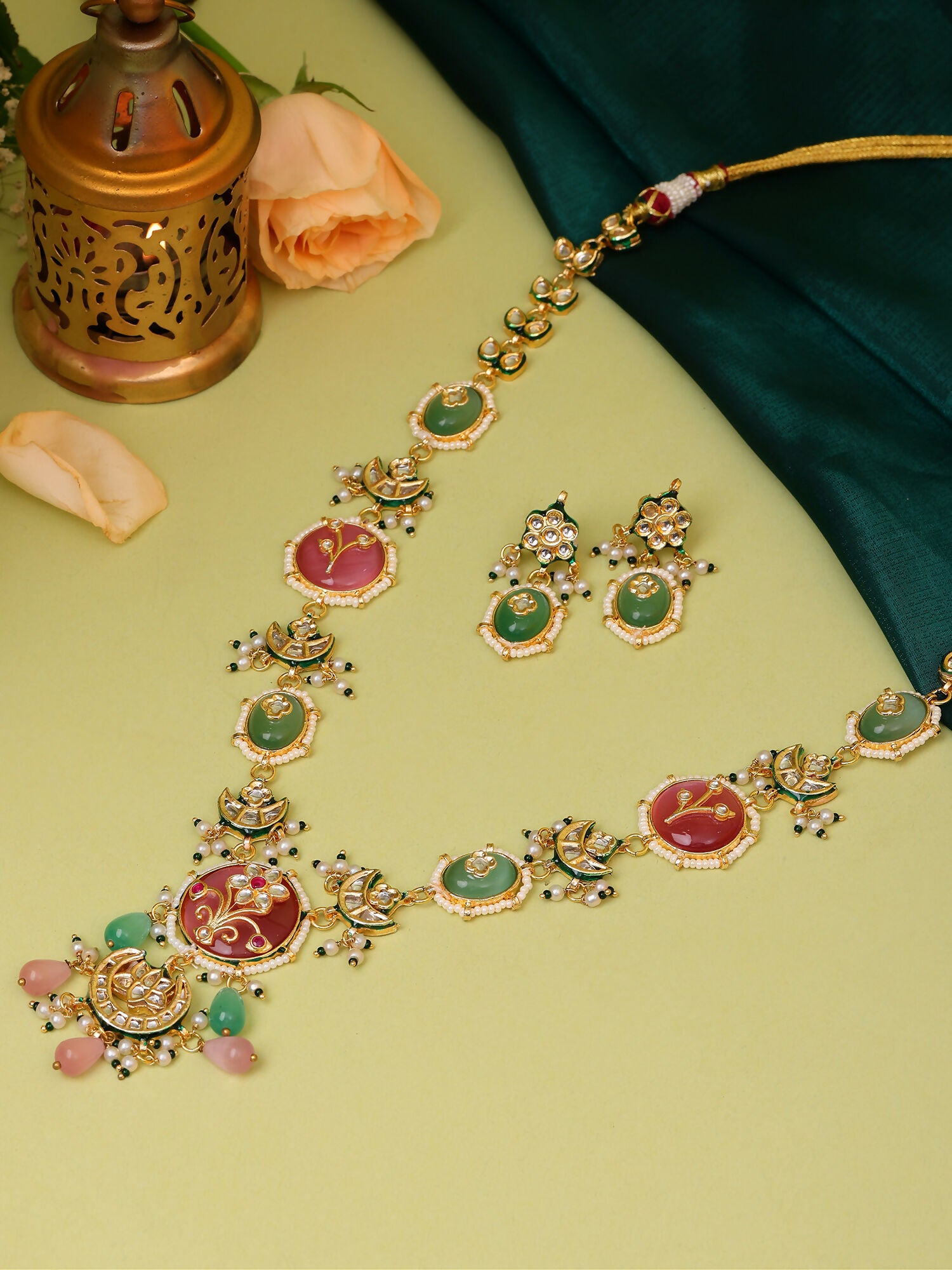 Ruby Raang Gold Polished Kundan Work Multi-Color Long Mint Stonework Necklace With Earrings - Distacart