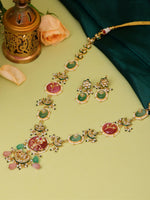 Thumbnail for Ruby Raang Gold Polished Kundan Work Multi-Color Long Mint Stonework Necklace With Earrings - Distacart