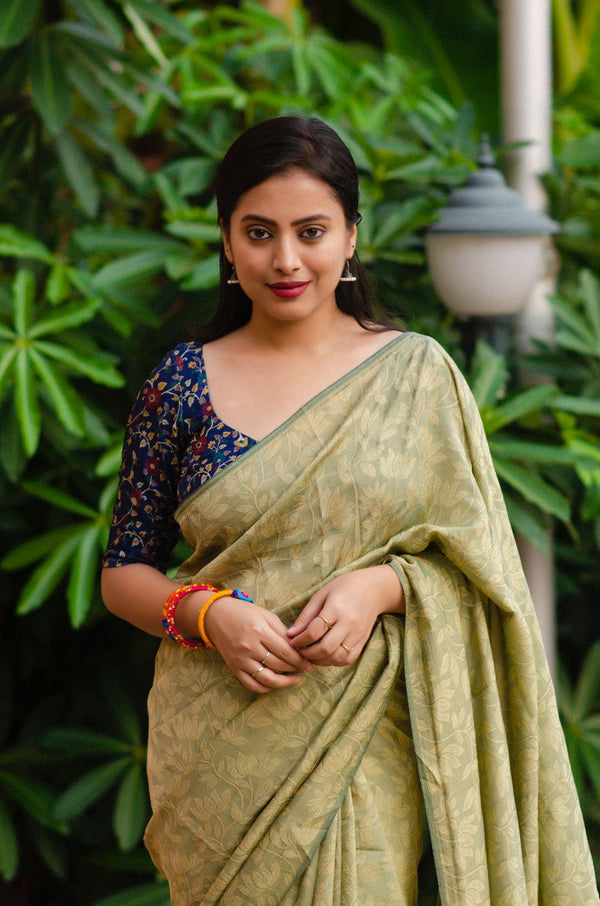 Olive Jute Silk Woven Design Saree with Unstitched Blouse - Hiral Fashion - Distacart