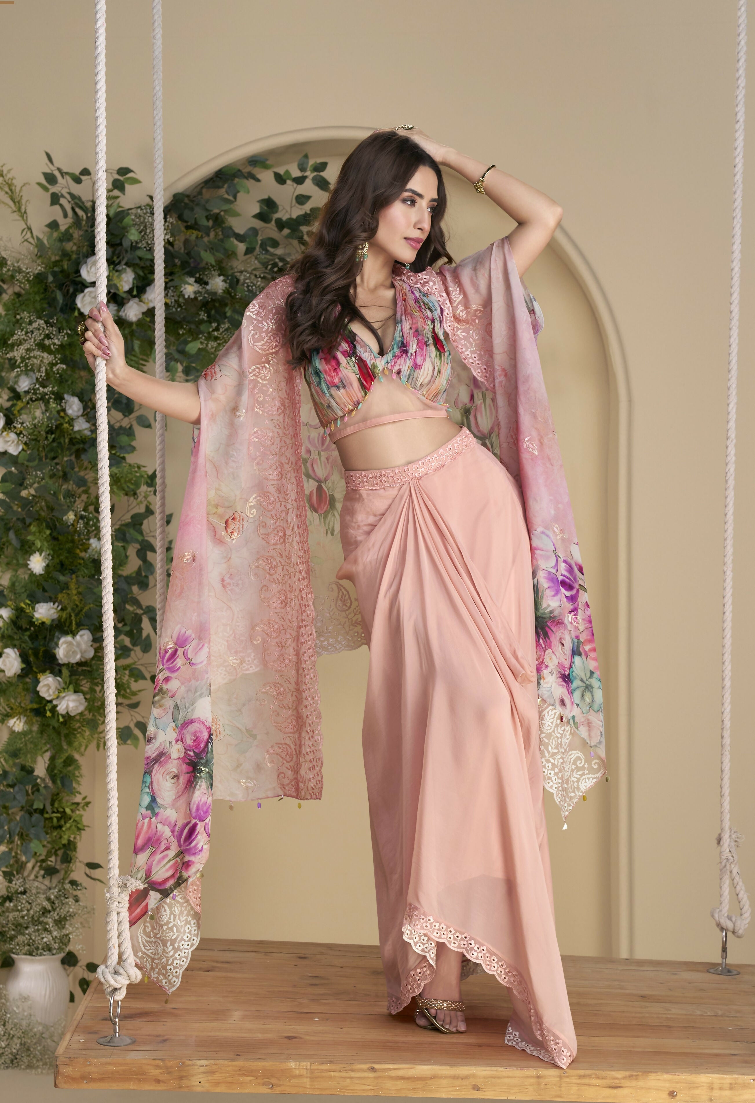 Anaita Pink Chinon Readymade Shrug Suit with Embroidery Sequence Work - Distacart
