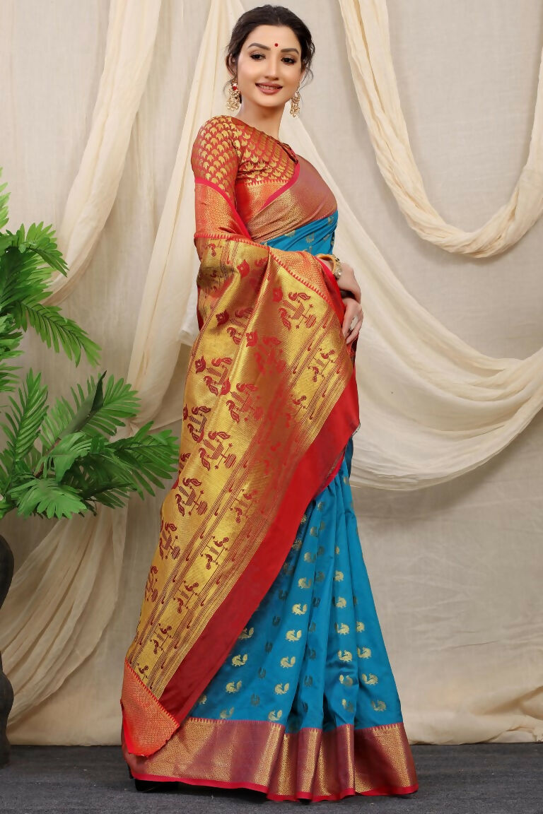 Jyoti Fashion Women's Firozi Banarasi Silk Zari Woven Saree with Blouse - Distacart